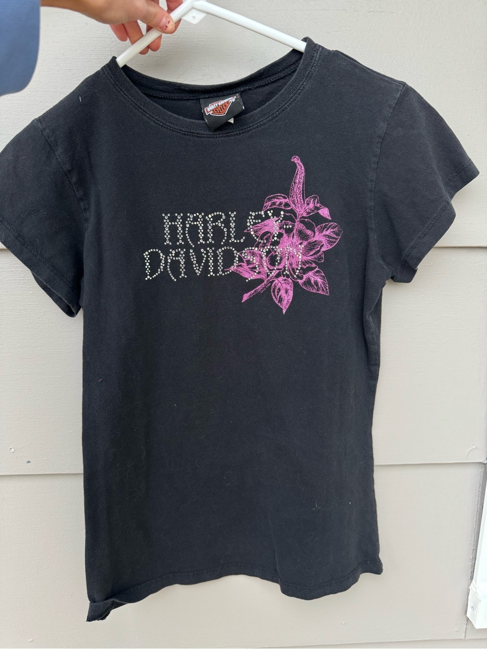 Harley-Davidson Black Tee with Pink Floral & Rhinestone Logo